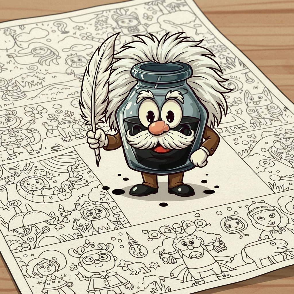 Cartoon inkwell with a face, gray hair and moustache, arms and legs that is holding a feather quill.